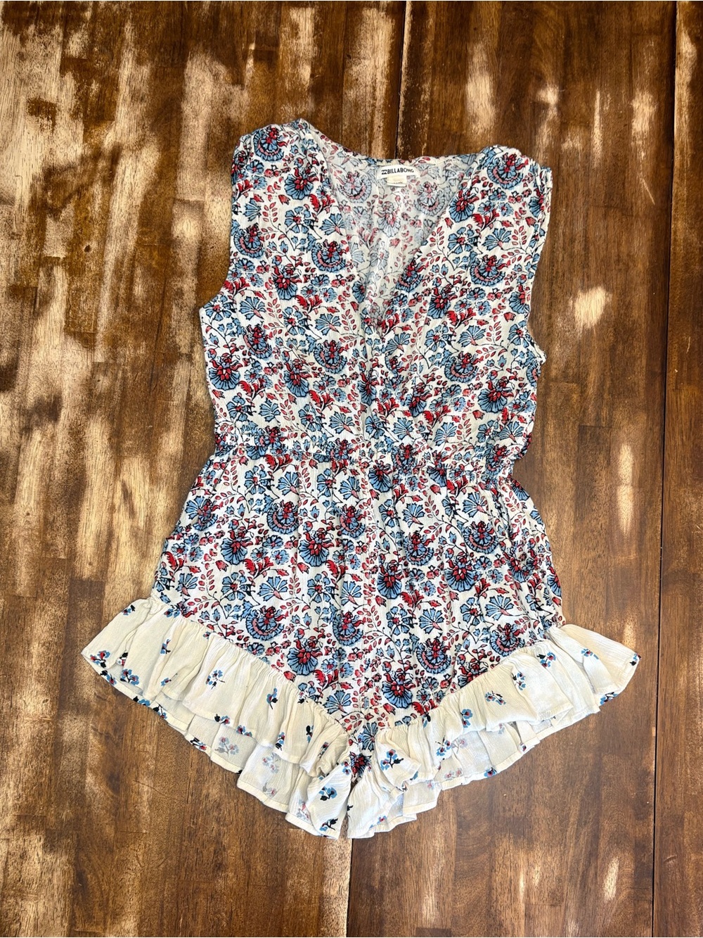 Billabong Floral Print Sleeveless Romper in White, Red & Blue